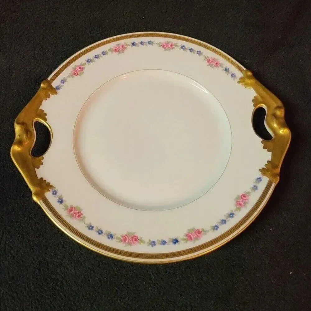 Vintage France Limoges Platter Pink Serving Dish Blue Gold Trim Handles